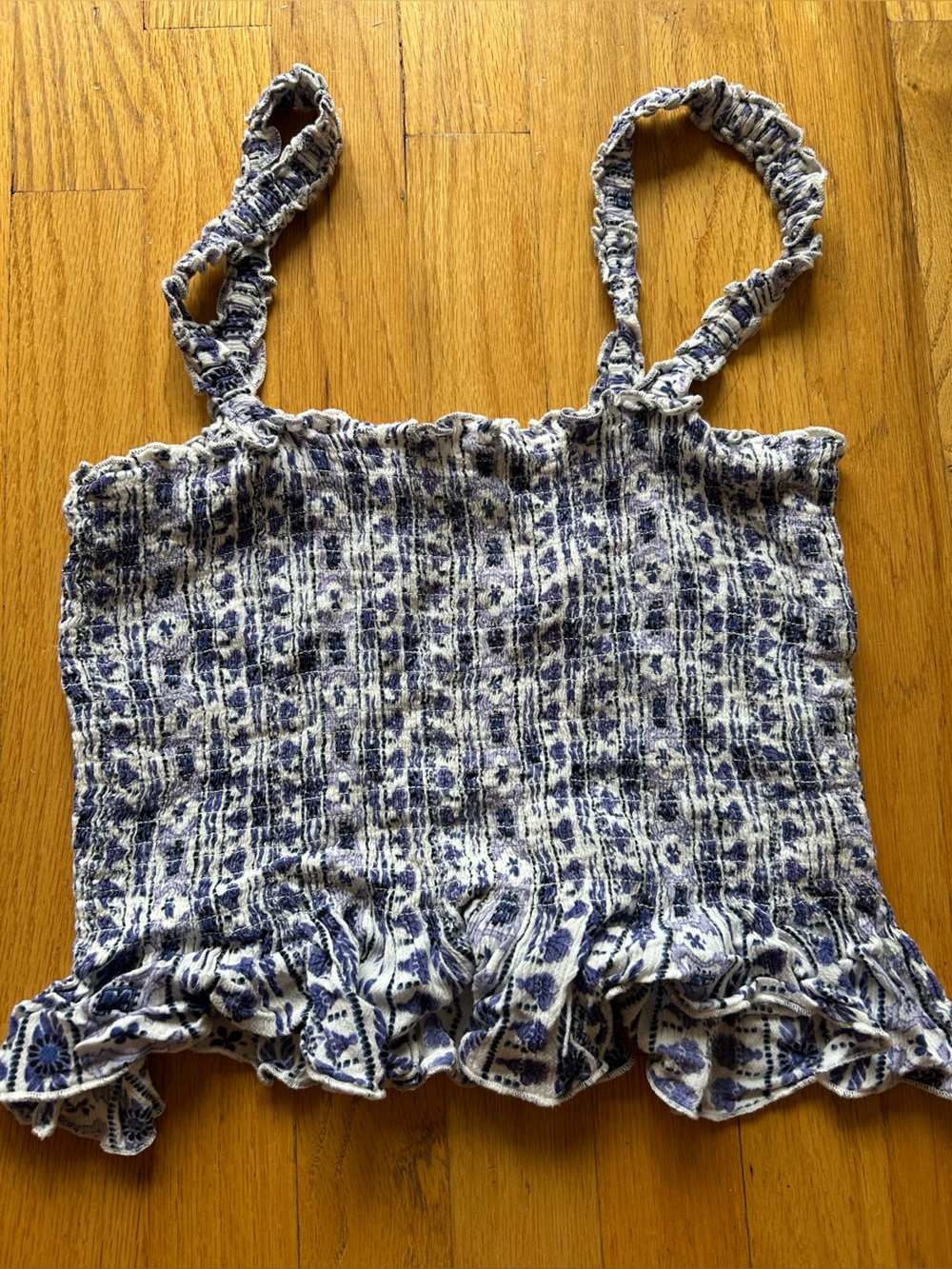 Blue Purple White Ruched Ruffle Tank Top